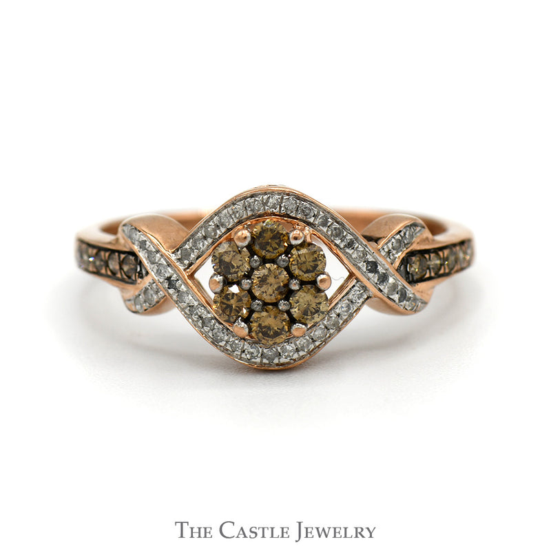 Cocoa Diamond Cluster Ring with White Diamond Accented Interweaving 10k Rose Gold Setting