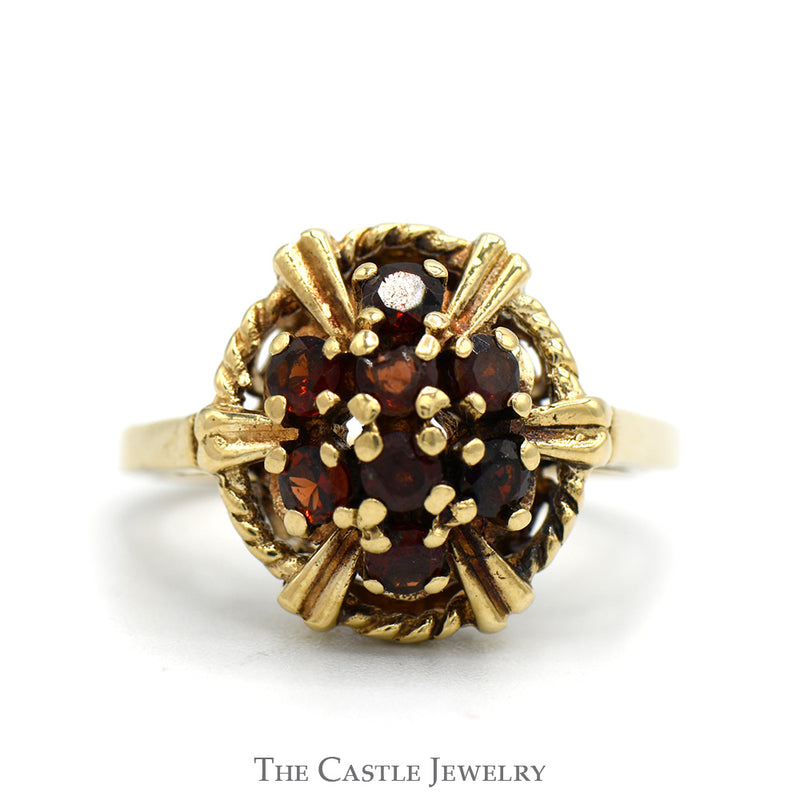 Garnet Cluster Ring with Rope Designed Bezel in 10k Yellow Gold