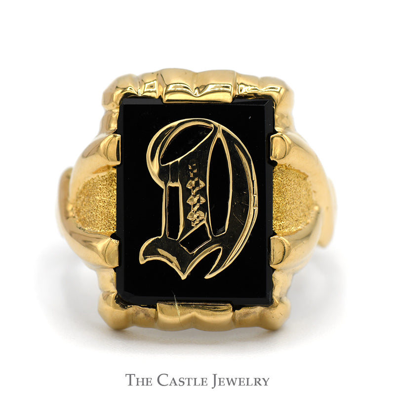Men's Black Onyx Ring with Ornate "D" Overlay in 10k Yellow Gold