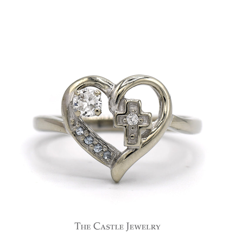 Open Heart Diamond Accented Cross Ring in 14k White Gold