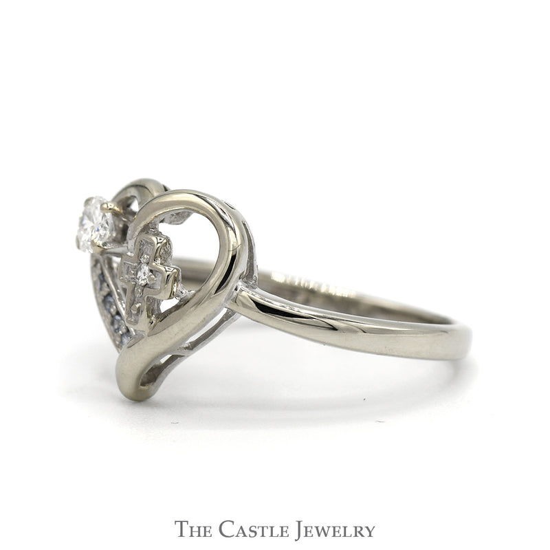 Open Heart Diamond Accented Cross Ring in 14k White Gold