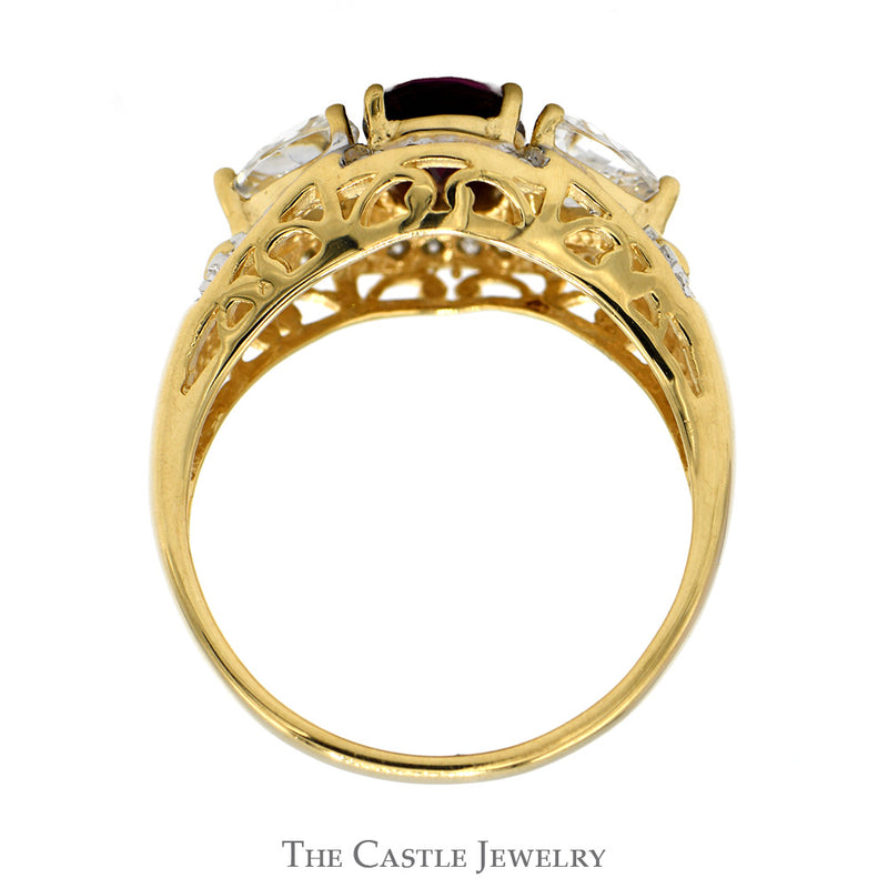 Oval Cut Rhodalite Garnet Ring with Trillion Cut Cubic Zirconia & Diamond Accents in 14k Yellow Gold
