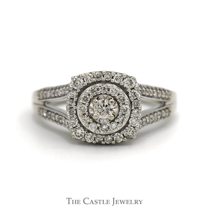 1/2cttw Round Diamond Engagement Ring with Double Diamond Halo and Accented Split Shank Sides in 10k White Gold
