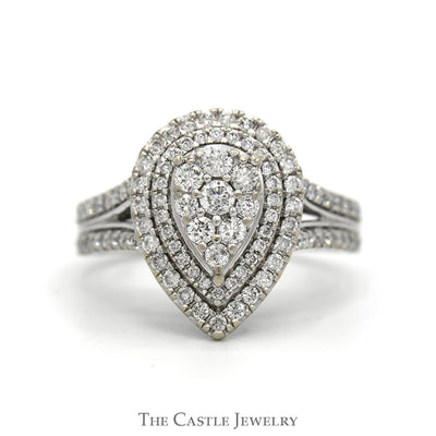 Pear Shaped 1cttw Diamond Cluster Engagement Ring with Double Diamond Halo & Accented Sides in 10k White Gold