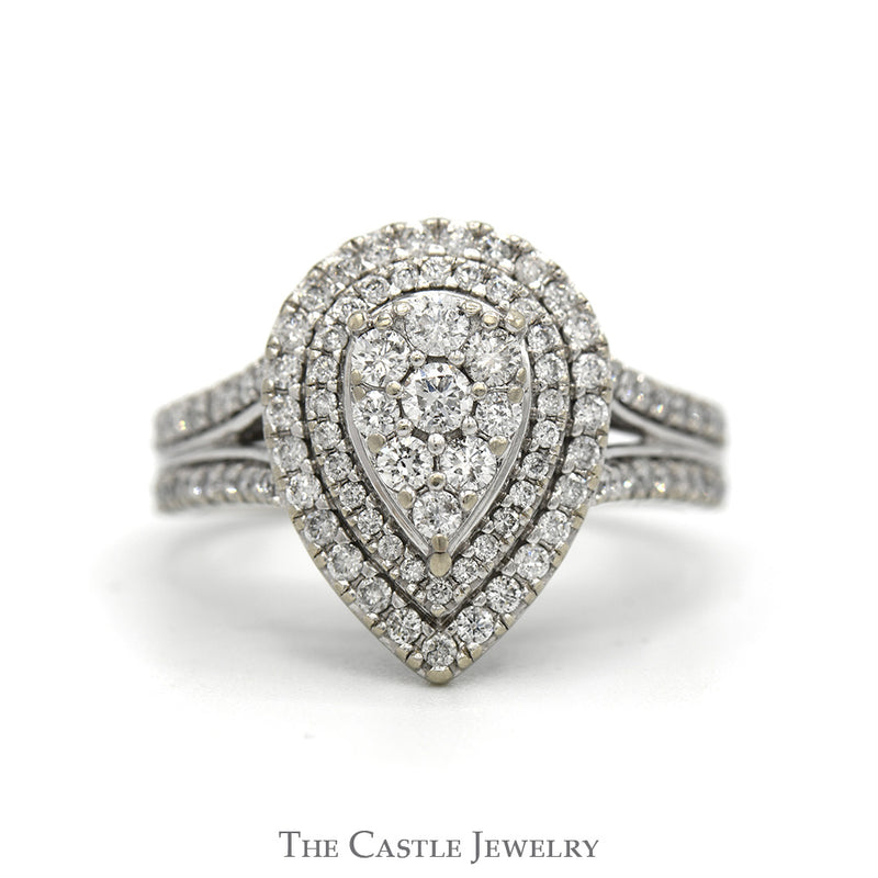 Pear Shaped 1cttw Diamond Cluster Engagement Ring with Double Diamond Halo & Accented Sides in 10k White Gold