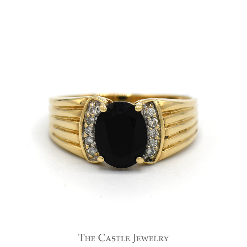 Oval Black Onyx Ring with Diamond Accented Sides in 10k Yellow Gold Ridged Mounting