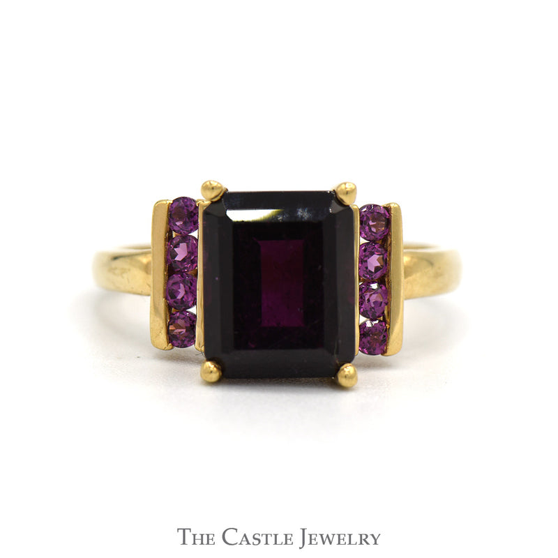 Emerald Cut Rhodolite Garnet Ring with Accented Sides in 10k Yellow Gold