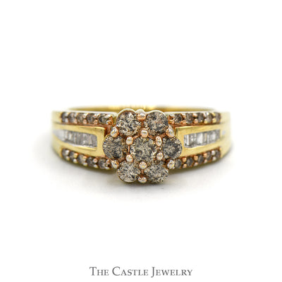 7 Round Champaign Diamond Cluster Ring with Diamond Accented Sides in 10k Yellow Gold