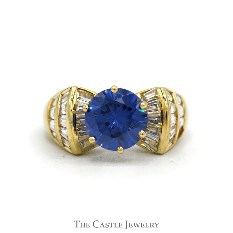 Round Synthetic Sapphire Ring with Channel Set Baguette Cut Cubic Zirconia Accents in 10k Yellow Gold
