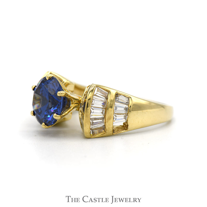 Round Synthetic Sapphire Ring with Channel Set Baguette Cut Cubic Zirconia Accents in 10k Yellow Gold