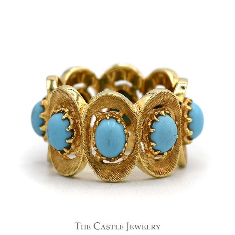 Oval Cabochon Turquoise Eternity Band with Brushed Detail in 14k Yellow Gold
