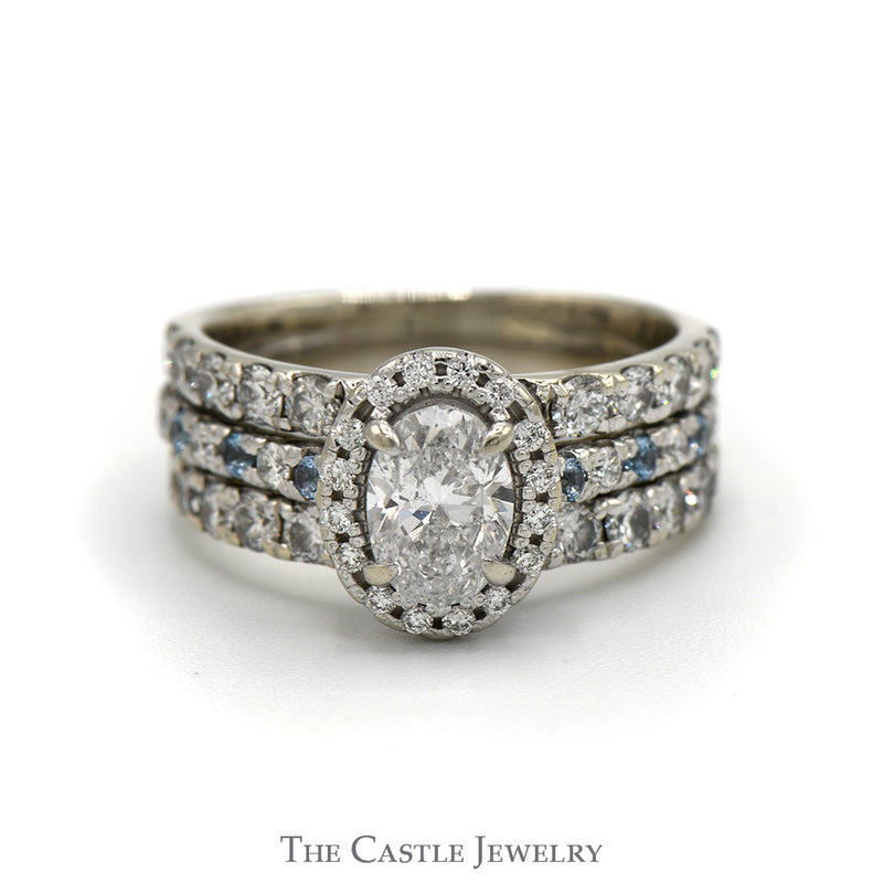 1.75cttw Oval Cut Diamond Solitaire Bridal Set with Diamond Halo, Aquamarine Accented Sides and Matching Diamond Bands in 14k White Gold