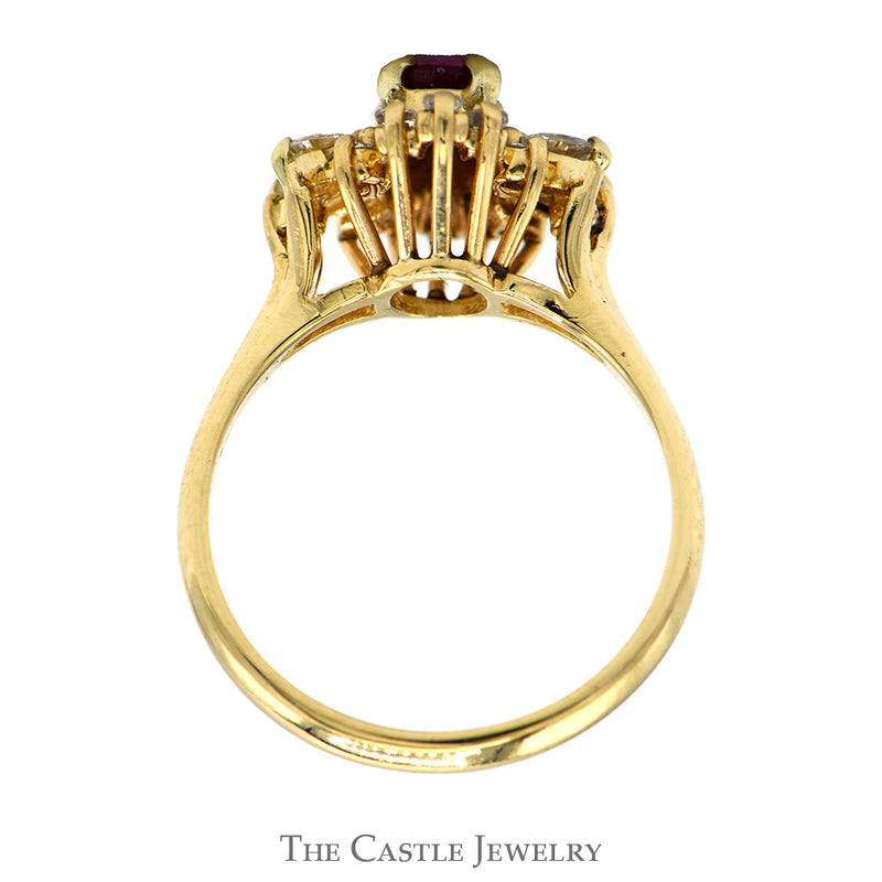 Oval Ruby Ring with Marquise & Baguette Cut Diamond Halo in 14k Yellow Gold