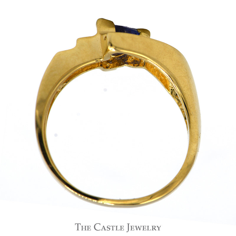 Trillion Cut Tanzanite Ring with Channel Set Diamond Accents in 14k Yellow Gold Bypass Mounting