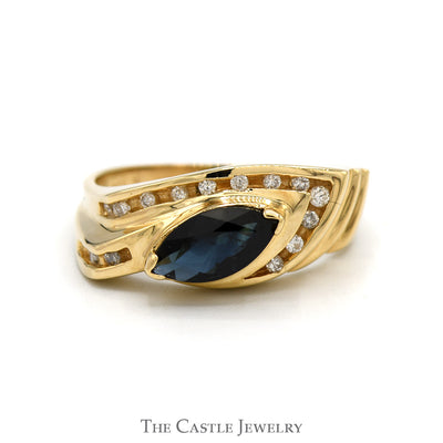 Side Set Marquise Cut Sapphire Ring with Diamond Accents in 14k Yellow Gold