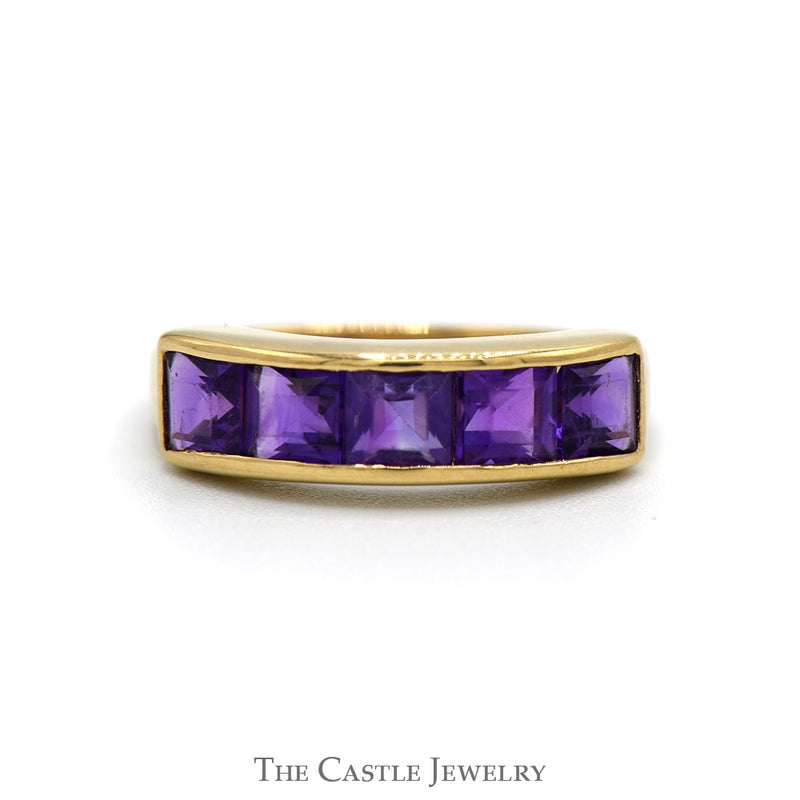 5 Channel Set Square Cut Amethyst Band in 14k Yellow Gold