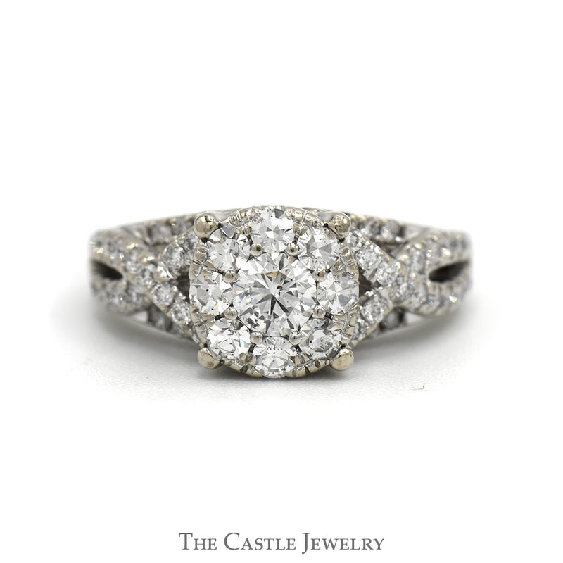 1cttw Round Diamond Cluster Engagement Ring with Diamond Accented Twisted Sides in 14k White Gold