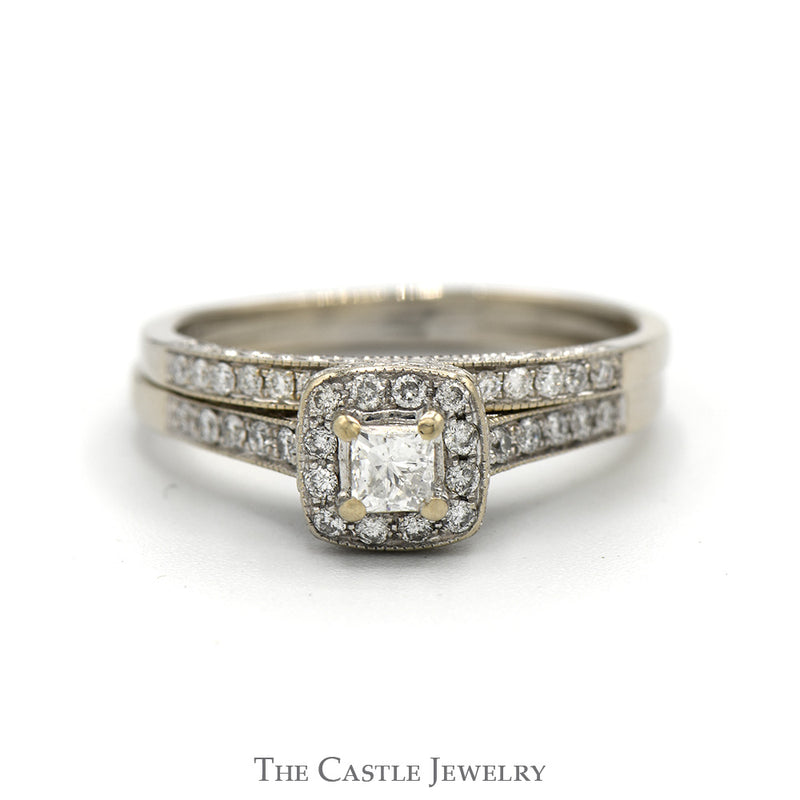 Princess Cut Diamond Bridal Set with Diamond Halo, Accented Sides and Matching Band in 14k White Gold