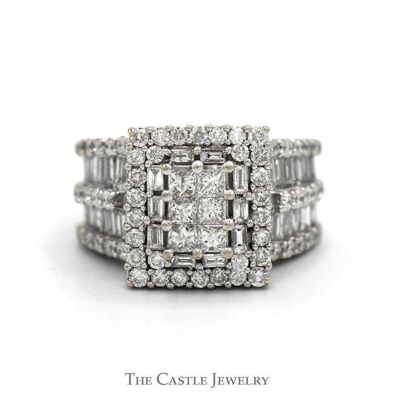 3cttw Invisiset Princess Cut Cluster Ring with Baguette Cut Double Diamond Halo and Accented Sides in 14k White Gold