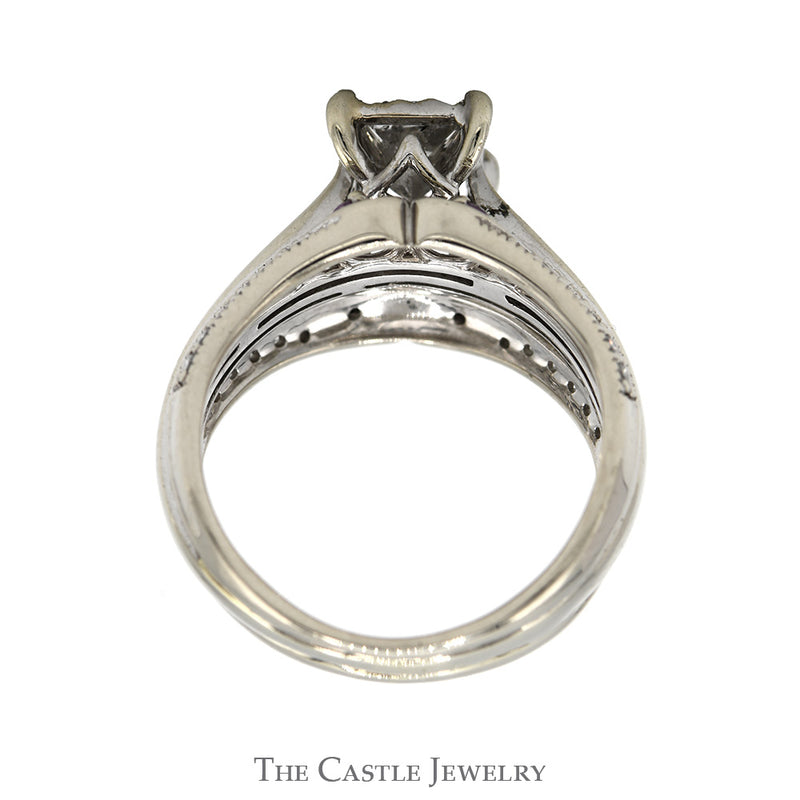 3/4cttw Princess Cut Diamond Bridal Set with Pink Sapphire and Diamond Accents and Double Matching Bands in 10k White Gold