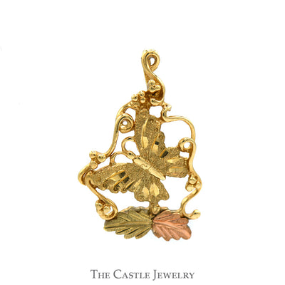 Two Tone Butterfly Pendant with Open Vine & Leaf Design in 10k Yellow & Rose Gold