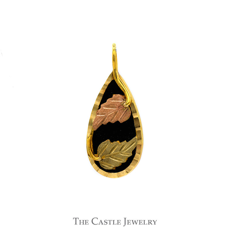 Pear Cut Black Onyx Pendant with Two Tone Leaf Design in 10k Yellow & Rose Gold