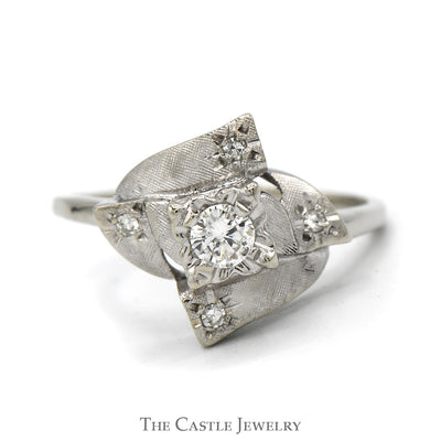 Unique Antique Style Diamond Ring with Brushed Texture in 14k White Gold