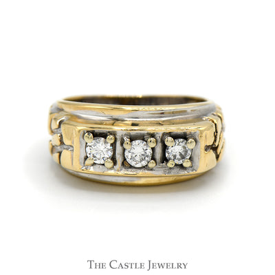 Three Stone Diamond Ring with Nugget Designed Sides in 14k Yellow Gold