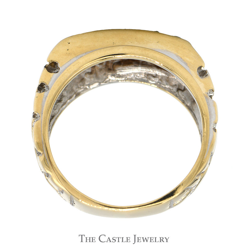 Three Stone Diamond Ring with Nugget Designed Sides in 14k Yellow Gold