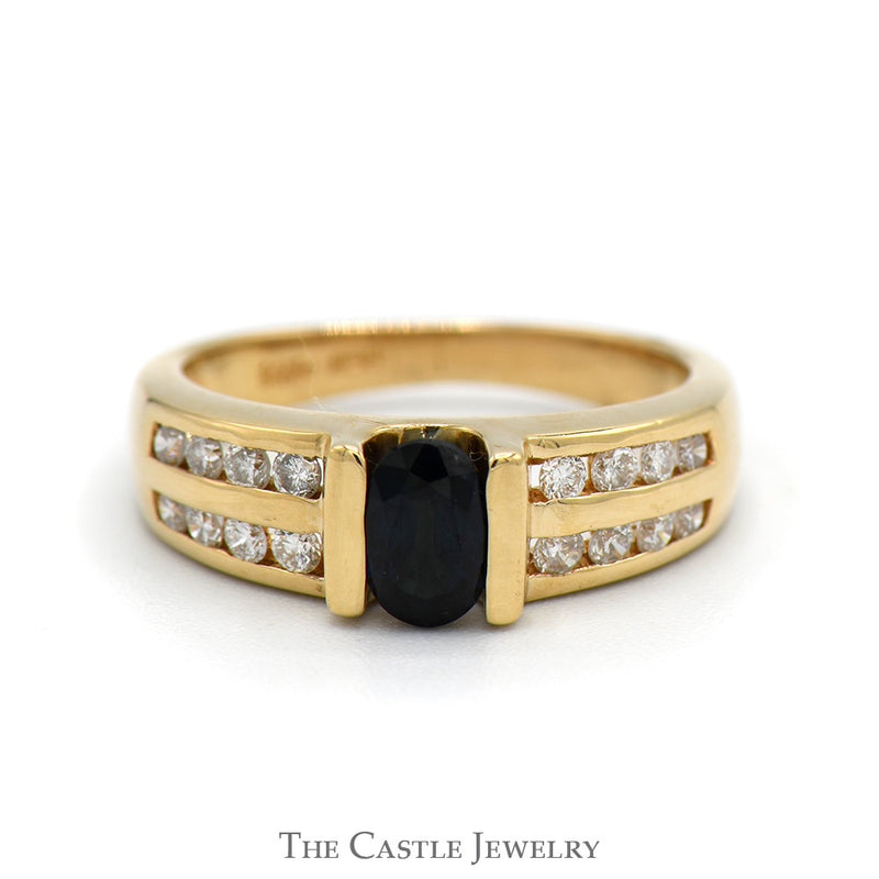 Oval Sapphire Ring with Double Row of Channel Set Diamond Accents in 14k Yellow Gold