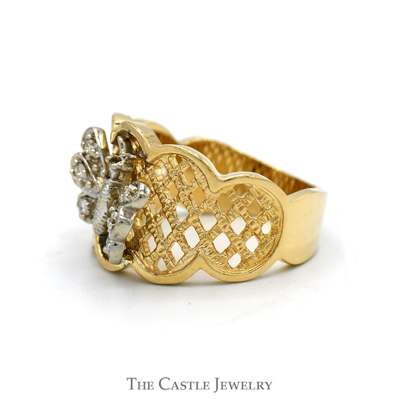 Butterfly Designed Ring with Diamond Accents and Open Lattice Sides in 14k Yellow Gold