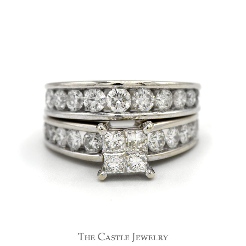 2.5cttw Invisiset Princess Cut Diamond Cluster Bridal Set with Round Diamond Accented Sides and Matching Band in 14k White Gold