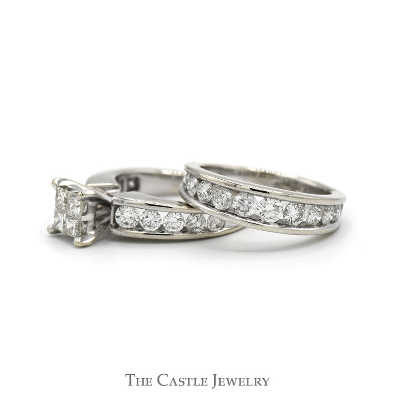 2.5cttw Invisiset Princess Cut Diamond Cluster Bridal Set with Round Diamond Accented Sides and Matching Band in 14k White Gold