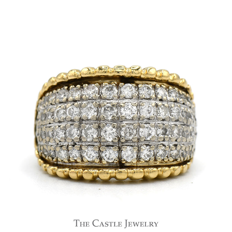 1cttw 4 Row Diamond Cluster Ring with Beaded Edges in 14k Yellow Gold