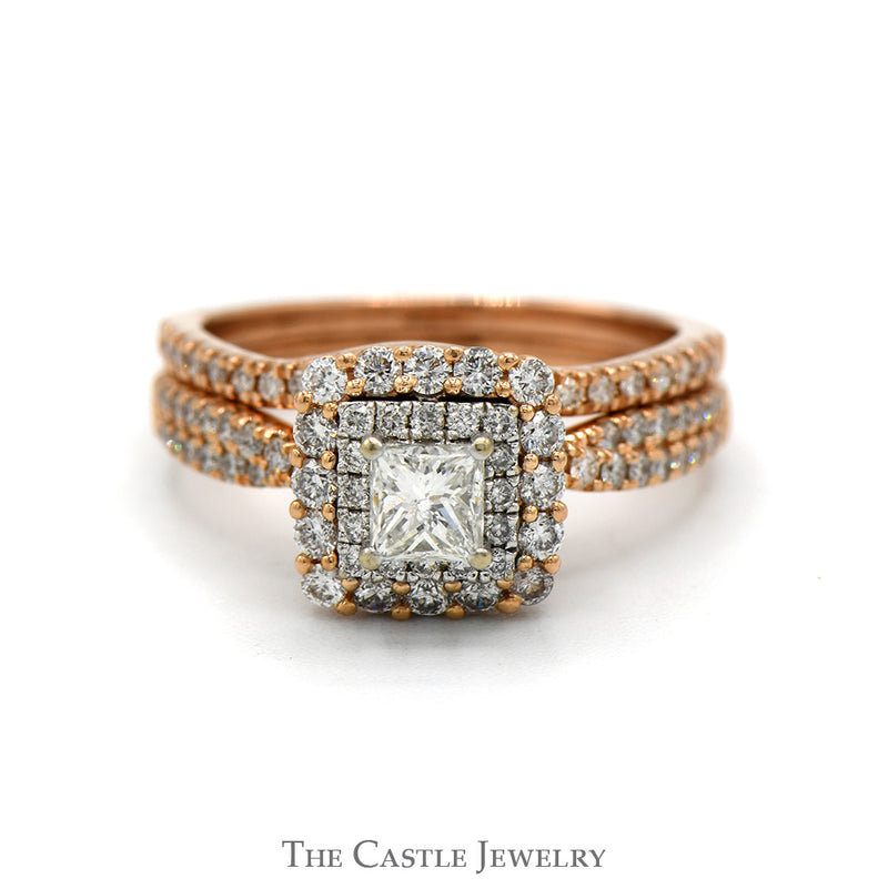 Princess Cut Diamond Bridal Set with Double Diamond Halo & Accented Sides in 14k Rose Gold