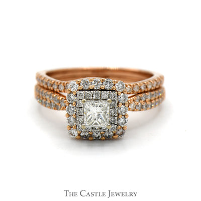 Princess Cut Diamond Bridal Set with Double Diamond Halo & Accented Sides in 14k Rose Gold