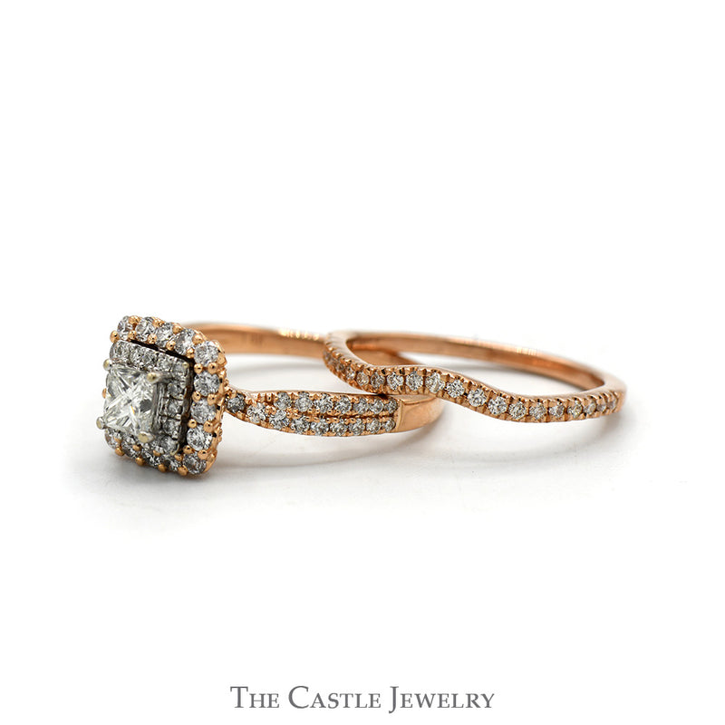 Princess Cut Diamond Bridal Set with Double Diamond Halo & Accented Sides in 14k Rose Gold