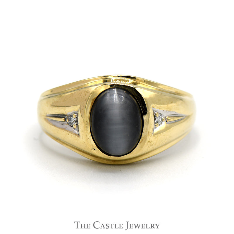 Oval Cabochon Grey Tiger's Eye Ring with Diamond Accented Sides in 10k Yellow Gold
