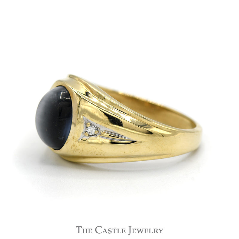 Oval Cabochon Grey Tiger's Eye Ring with Diamond Accented Sides in 10k Yellow Gold