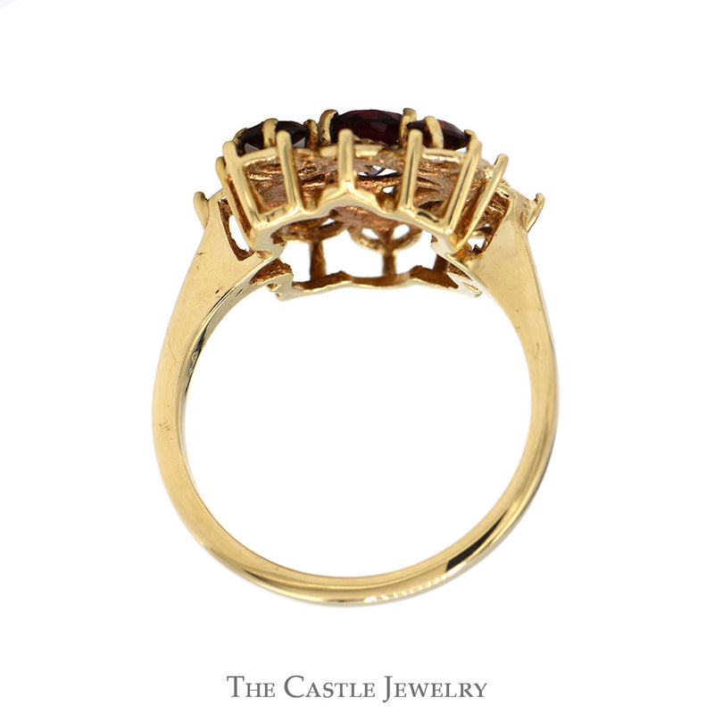 Ornate 5 Round Garnet Cluster Ring in 14k Yellow Gold