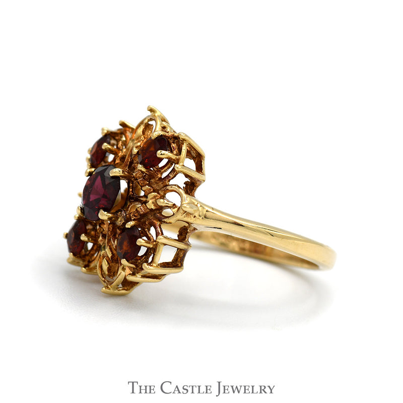 Ornate 5 Round Garnet Cluster Ring in 14k Yellow Gold