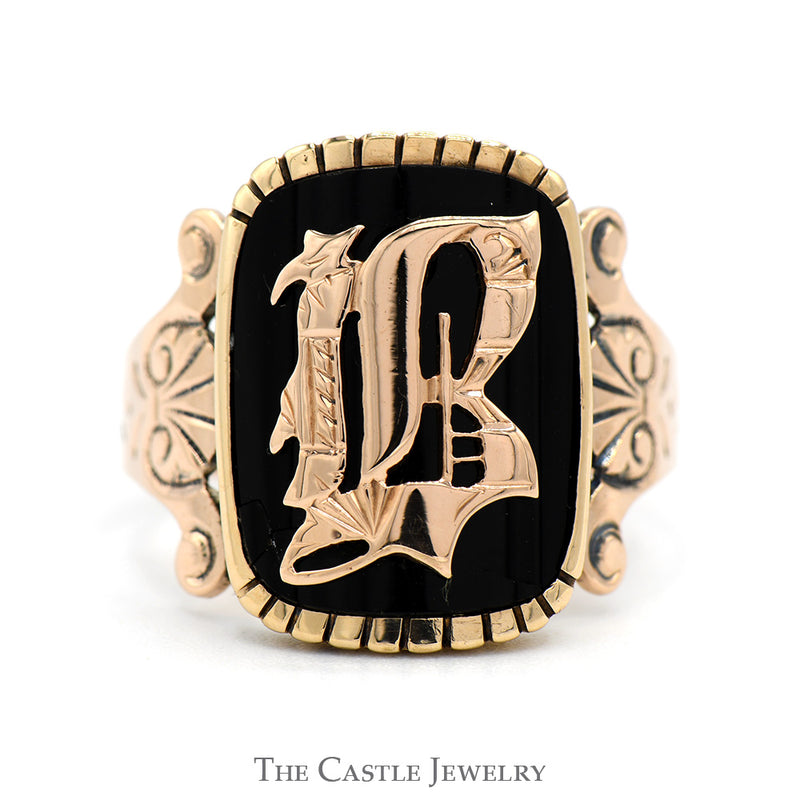 Black Onyx "B" Script Letter Ring with Scroll Designed Sides in 10k Rose Gold