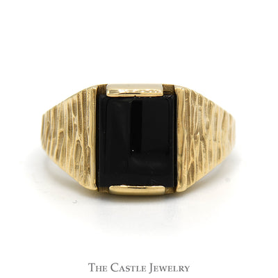 Rectangle Black Onyx Ring with Textured Bark Sides in 10k Yellow Gold