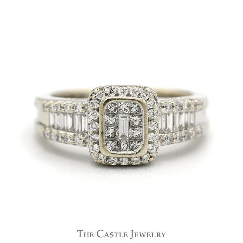 1cttw Invisi-Set Diamond Cluster Engagement Ring with Baguette Cut Accents in 14k White Gold