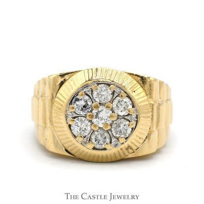 1cttw Round Shaped 7 Diamond Cluster Ring with Rolex Inspired Bezel and Sides