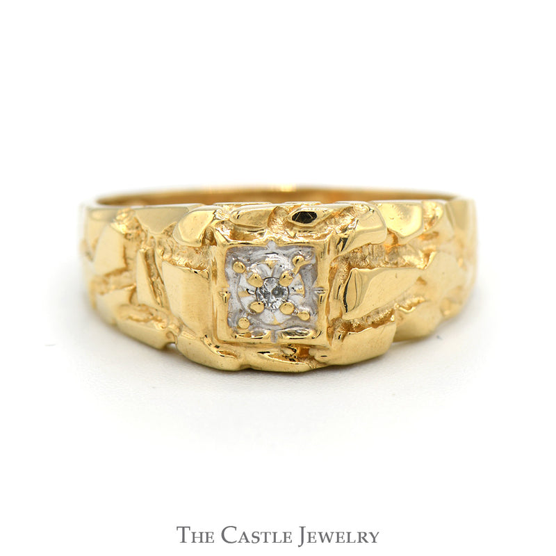 Illusion Set Diamond Ring with Textured Nugget Sides in 10k Yellow Gold