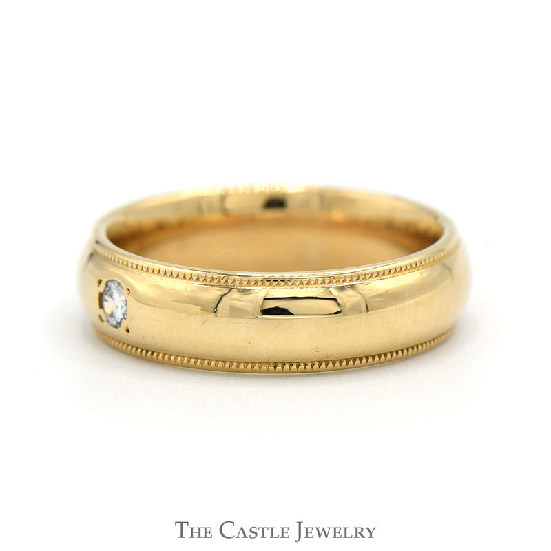 6mm Wide Comfort Fit Wedding Band with Milgrain Edges & Diamond Solitaire Accent in 14k Yellow Gold