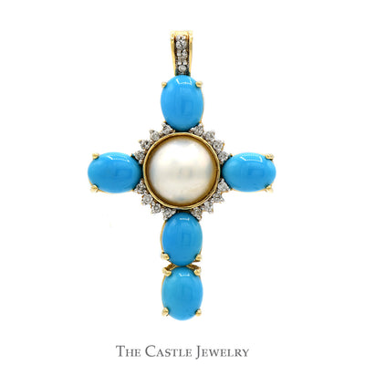 Oval Turquoise & Pearl Cross Pendant with Diamond Accents in 14k Yellow Gold