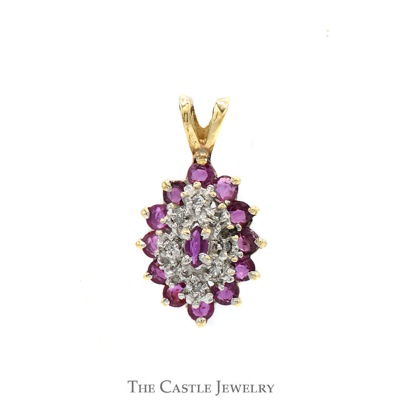 Marquise Shaped Diamond & Ruby Cluster Pendant in 10k Yellow Gold
