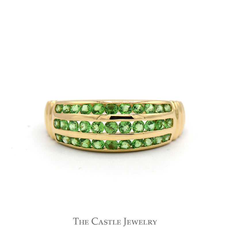 3 Row Channel Set Green Spinel Dome Ring in 14k Yellow Gold